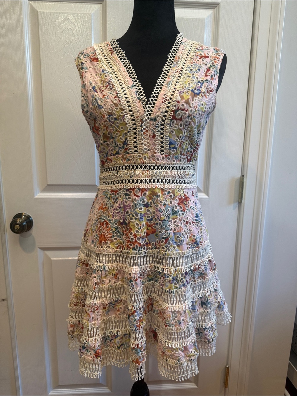 Embroidered Floral Eyelet V-Neck Mini Dress - Multicolor